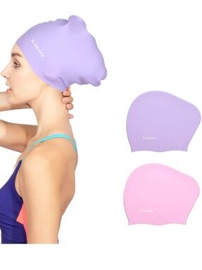 Women’s 2 Pack Swim Silicone Cap Long Hair Waterproof Anti-Slip Purple and Pink